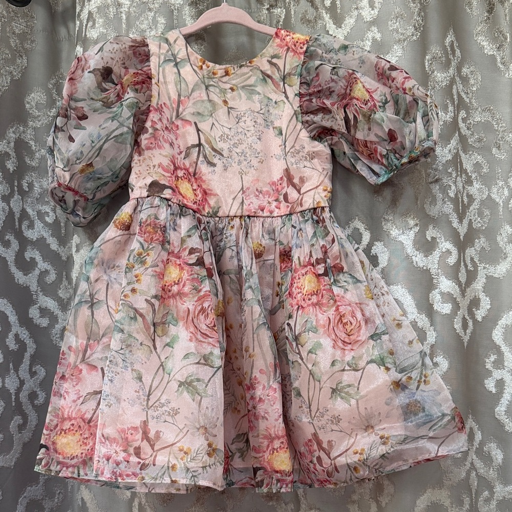 Next Pink Floral Kids Short Sleeve Dress Size 3-4